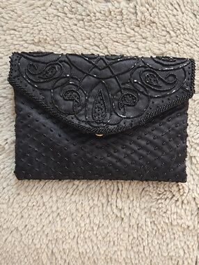 Beaded Black Envelope Clutch - Unbranded